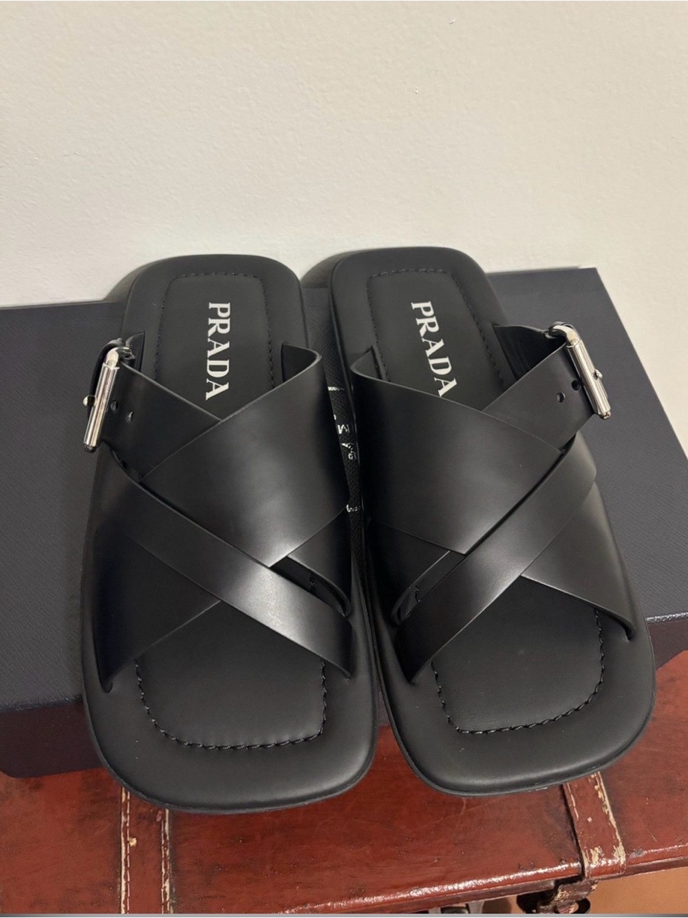 Prada Black Crisscross Leather Slide Sandals with Silver Buckles